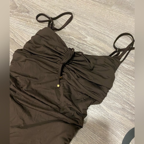 DKNY Chocolate Brown Ruched One Piece Swimsuit | Tie Detail | Size M (8) - Picture 5 of 7